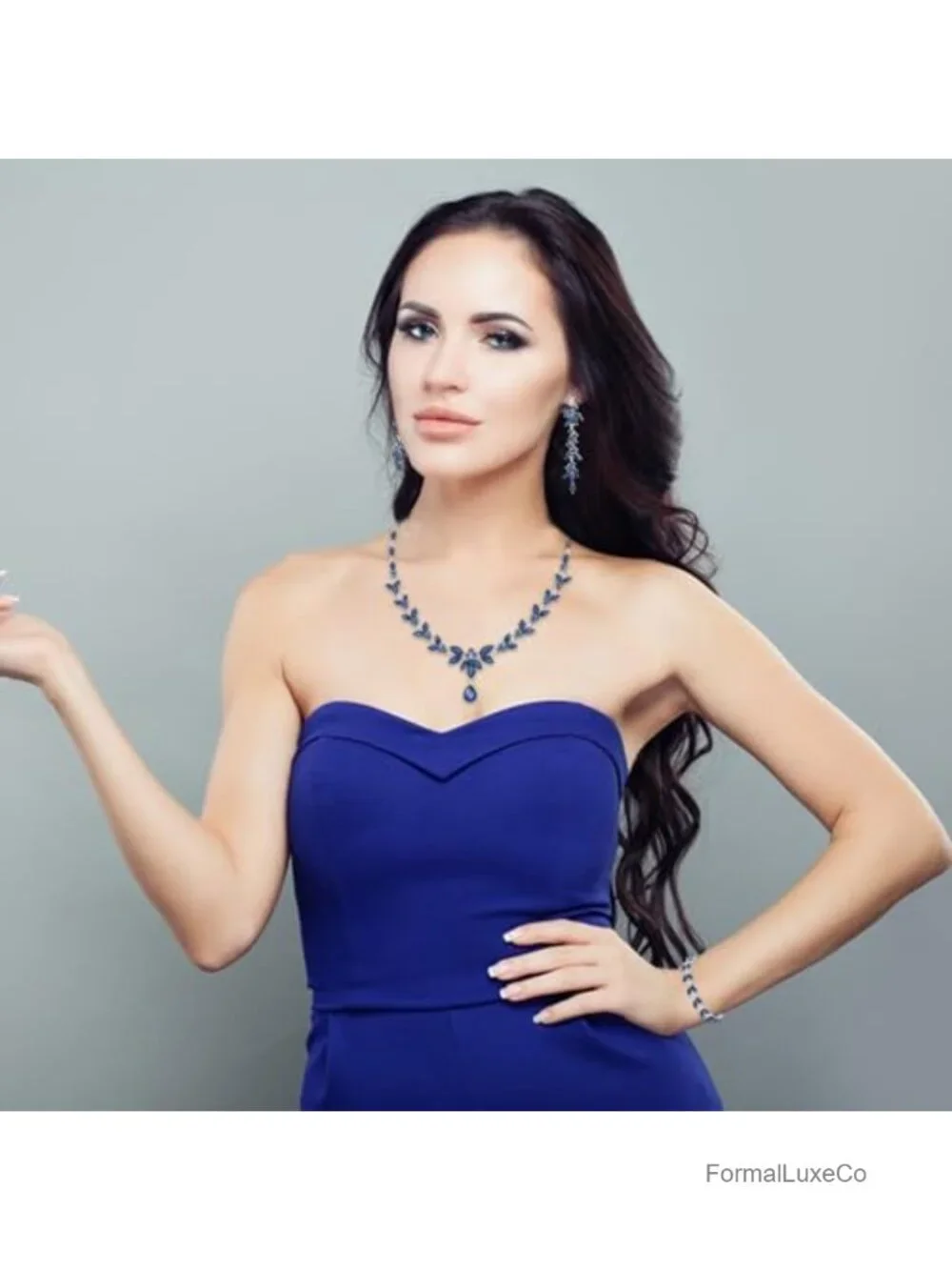 Blue Crystal Necklace Earrings Bracelet Set, Silver Plated Zinc Alloy, Wedding